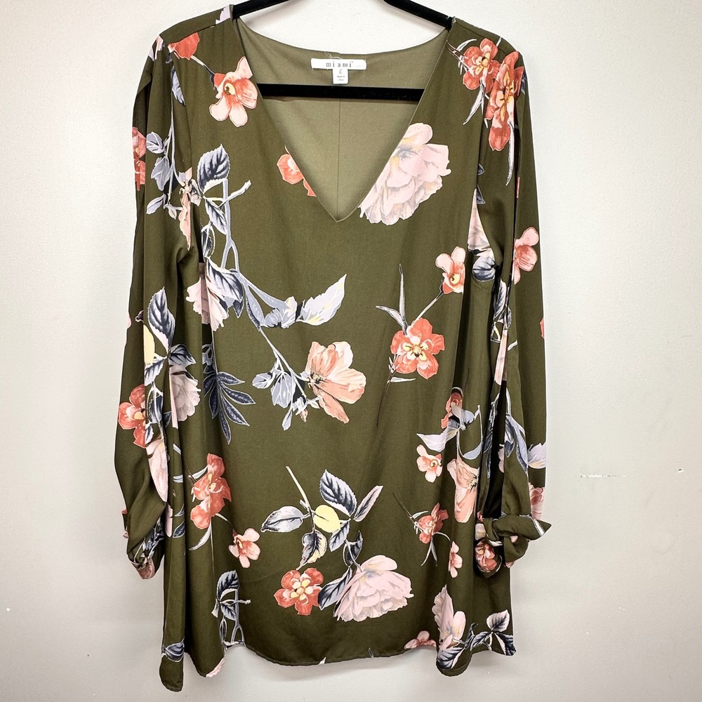 Miami Olive Green Floral V-Neck Mini Dress Long Tie Split Sleeve Large‎